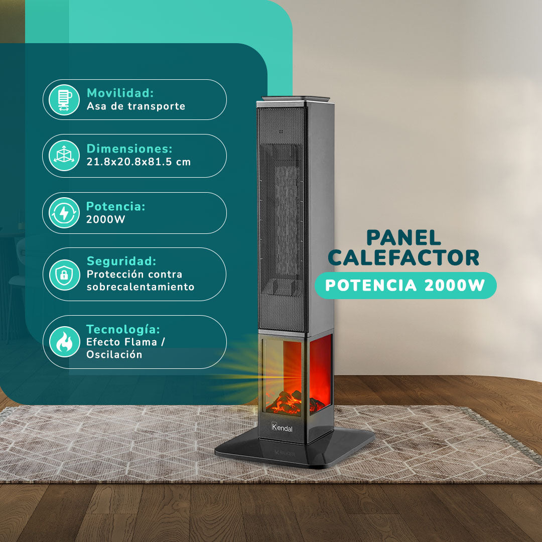 Estufa eléctrica KENDAL Panel Digital Potencia 2000w Cobertura 20m2 Efecto Flama