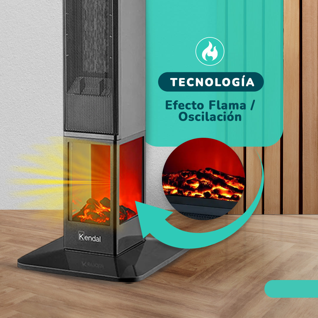 Estufa eléctrica KENDAL Panel Digital Potencia 2000w Cobertura 20m2 Efecto Flama