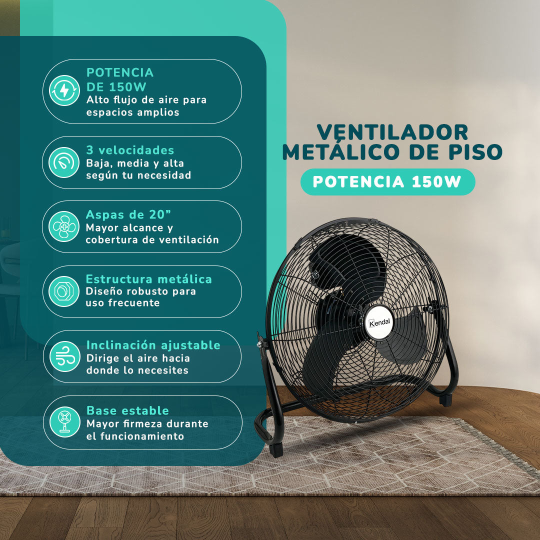 Ventilador Metálico de Piso Kendal FE-50 20 Pulgadas 150W de Potencia Alto Flujo de Aire