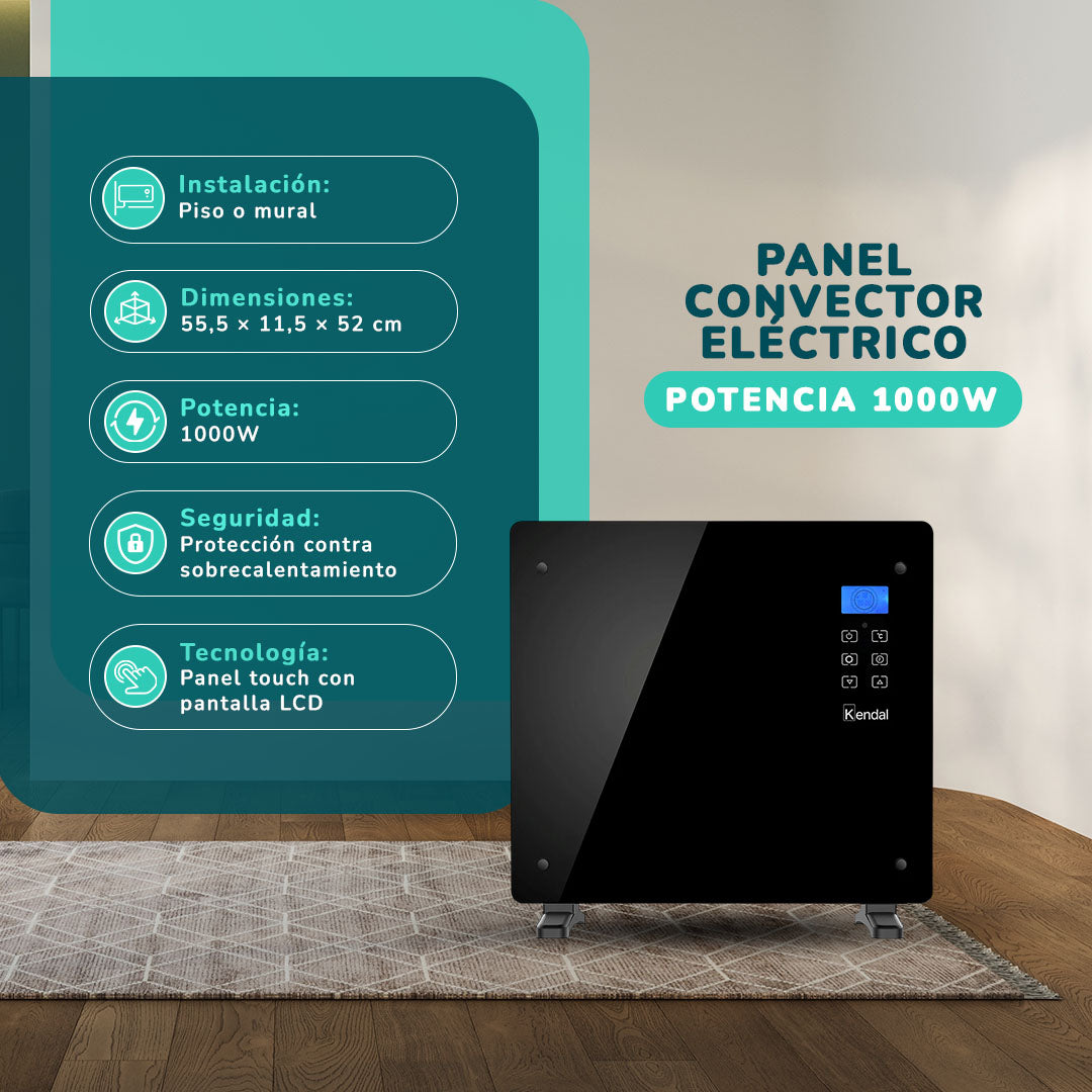 Panel Convector Eléctrico Vidrio KENDAL 1000W Control Digital Calefacción Silenciosa