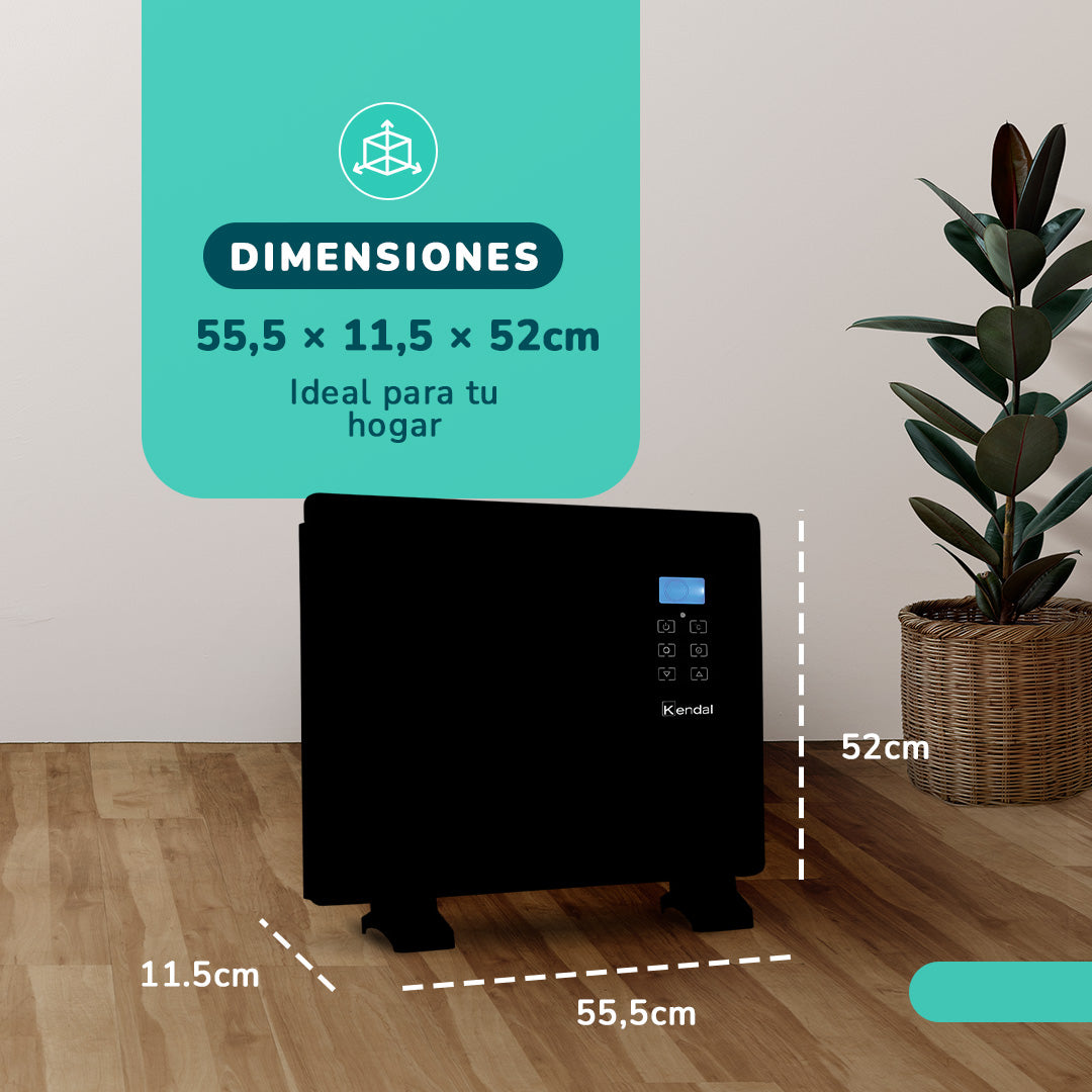 Panel Convector Eléctrico Vidrio KENDAL 1000W Control Digital Calefacción Silenciosa