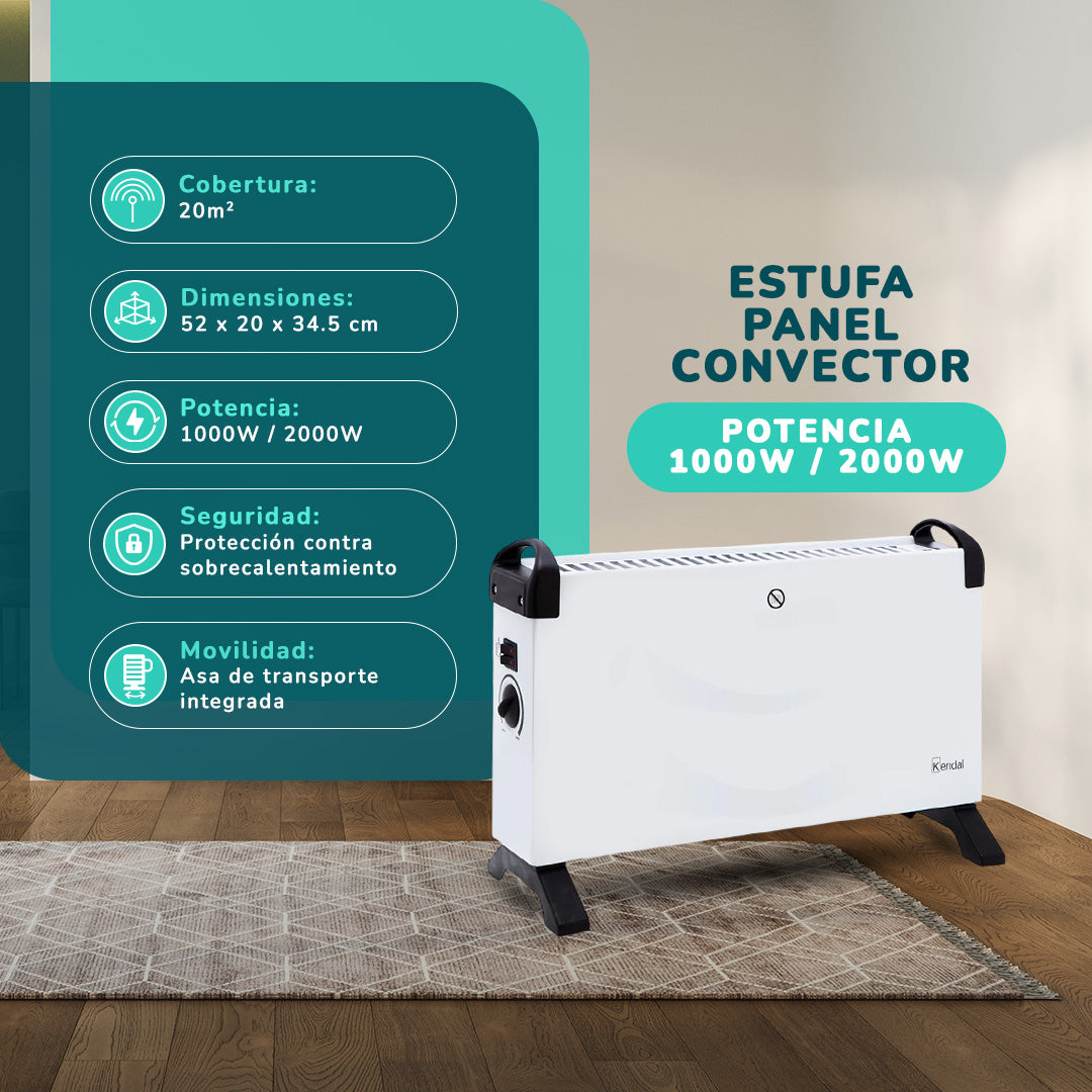 Estufa Panel Convector Potencia 2000w Cobertura 20m2 Temperatura Regulable Blanca