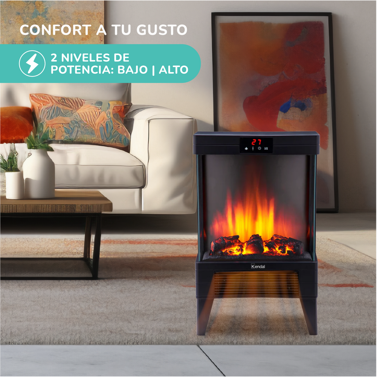 Estufa Chimenea Electrica Kendal Potencia 1800w Cobertura 20m2 Efecto Flama