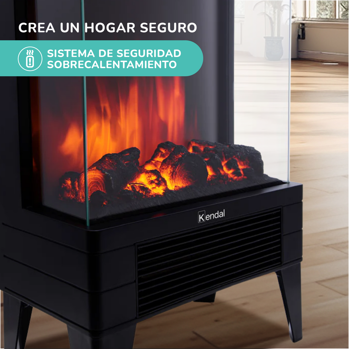 Estufa Chimenea Electrica Kendal Potencia 1800w Cobertura 20m2 Efecto Flama