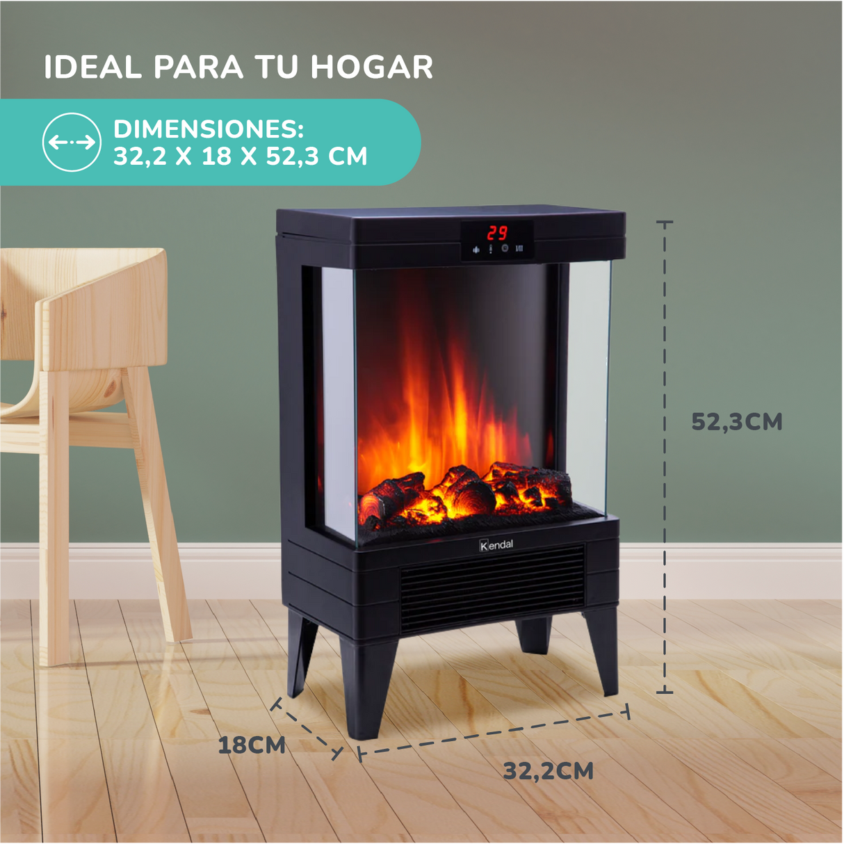Estufa Chimenea Electrica Kendal Potencia 1800w Cobertura 20m2 Efecto Flama