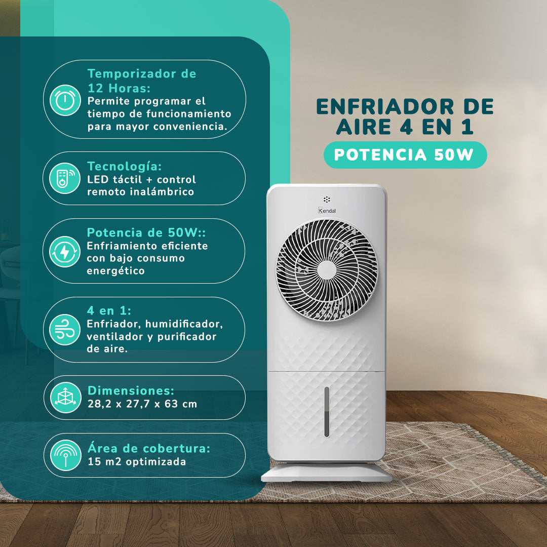 Ventilador Aire  4 En 1 | Potencia 50w Humidificador, Purificador, Control Remoto, Temporizador,3 Modos, Tanque 5L Con Ice Packs