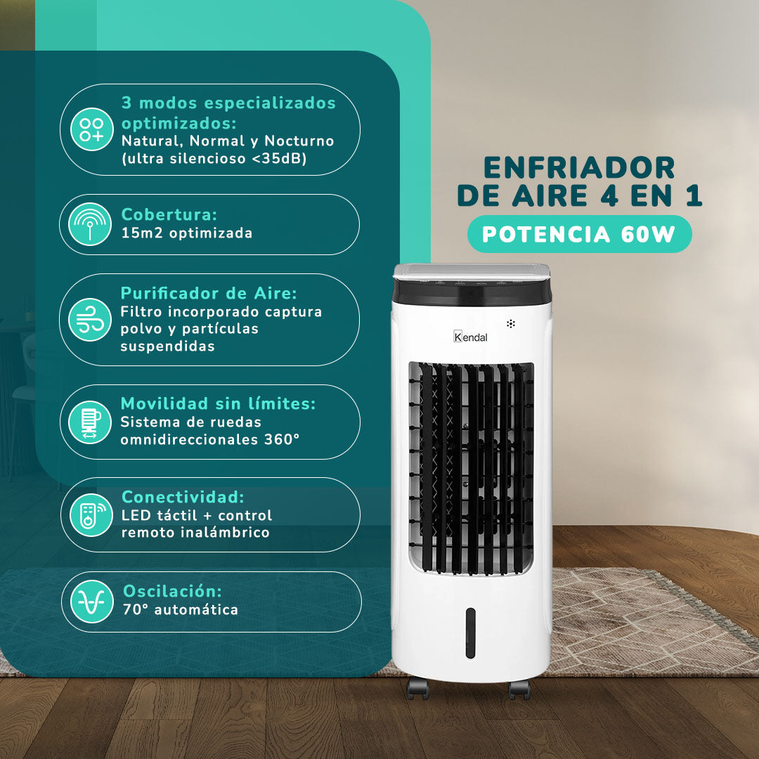 Enfriador De Aire Y Ventilador 4 En 1 | Potencia 60w Humidificador, Purificador, Control Remoto, Temporizador,3 Modos, 3.5l Tanque Con Ice Packs