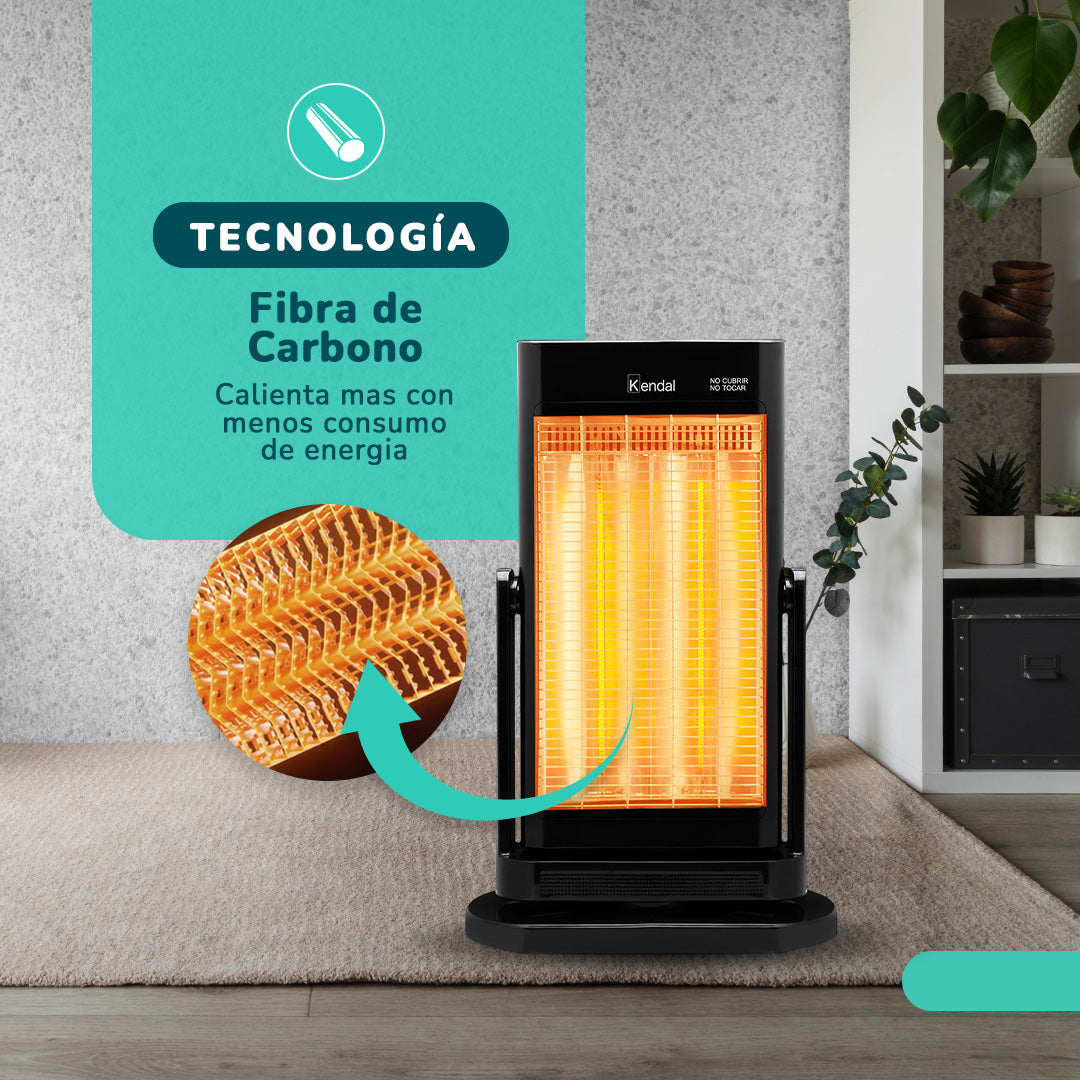 Estufa Eléctrica Fibra de Carbono Negra KENDAL Potencia 900W Calefacción Rápida Oscilante