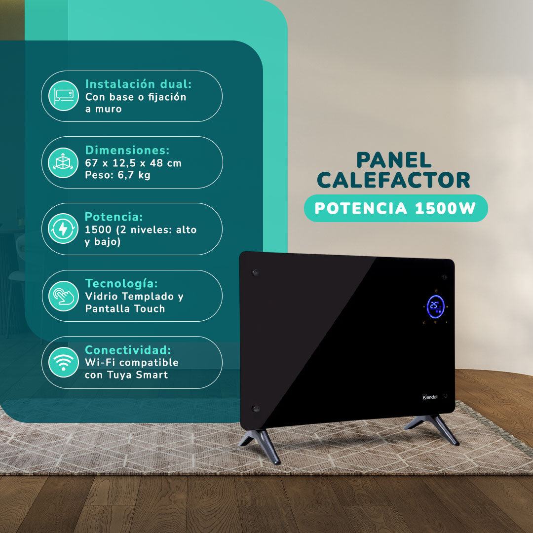 Estufa Panel Calefactor Vidrio KENDAL WIFI Potencia 1500w Cobertura 18m2 Instalación Piso/Muro