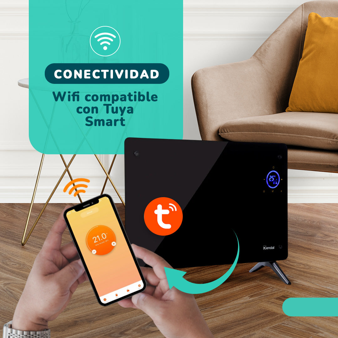 Estufa Panel Calefactor Vidrio KENDAL WIFI Potencia 1500w Cobertura 18m2 Instalación Piso/Muro