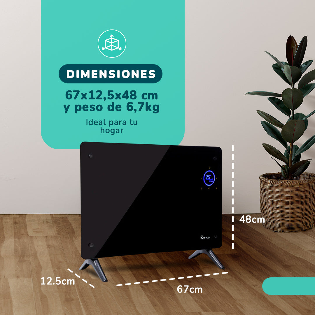 Estufa Panel Calefactor Vidrio KENDAL WIFI Potencia 1500w Cobertura 18m2 Instalación Piso/Muro