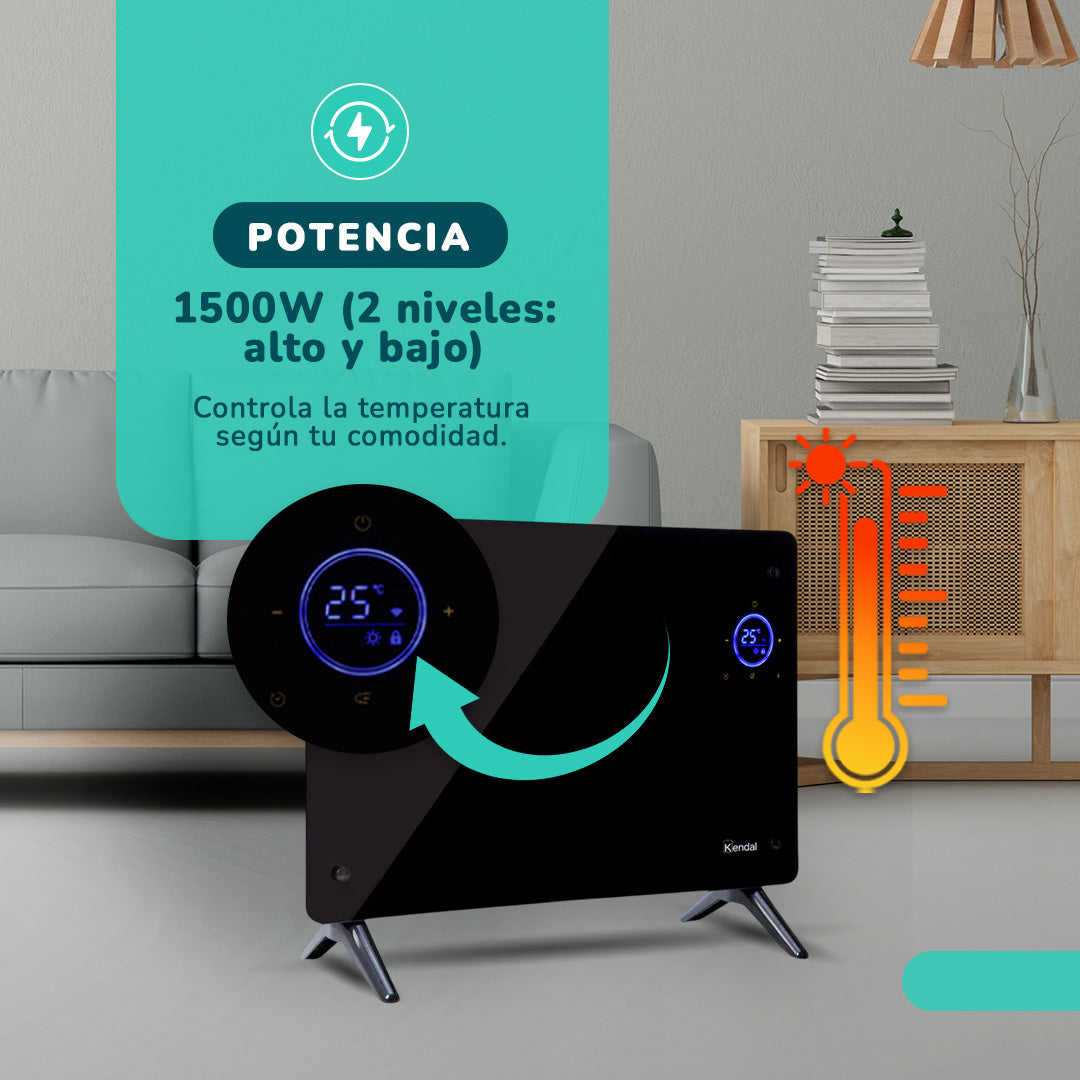Estufa Panel Calefactor Vidrio KENDAL WIFI Potencia 1500w Cobertura 18m2 Instalación Piso/Muro