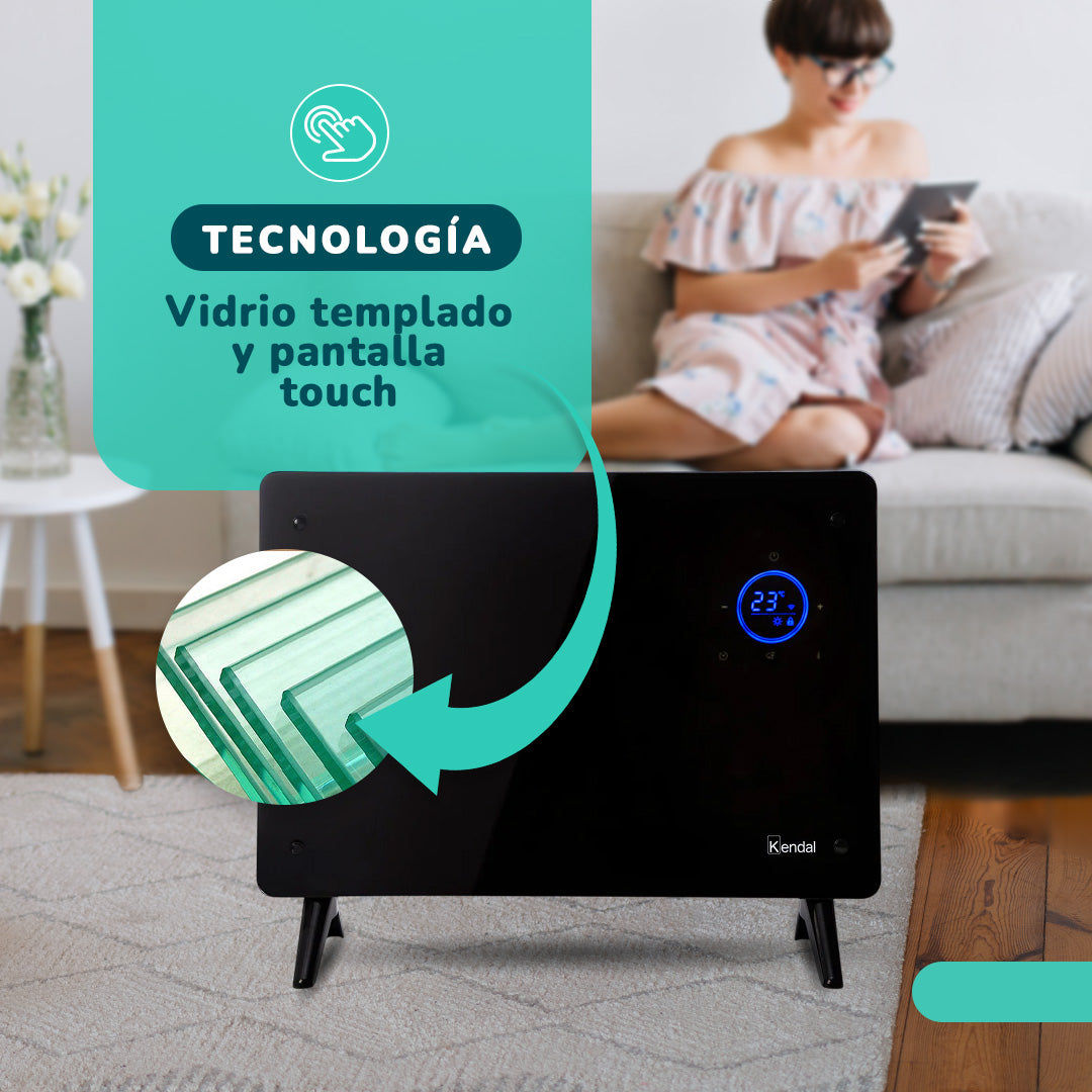 Estufa Panel Calefactor Vidrio KENDAL WIFI Potencia 1500w Cobertura 18m2 Instalación Piso/Muro
