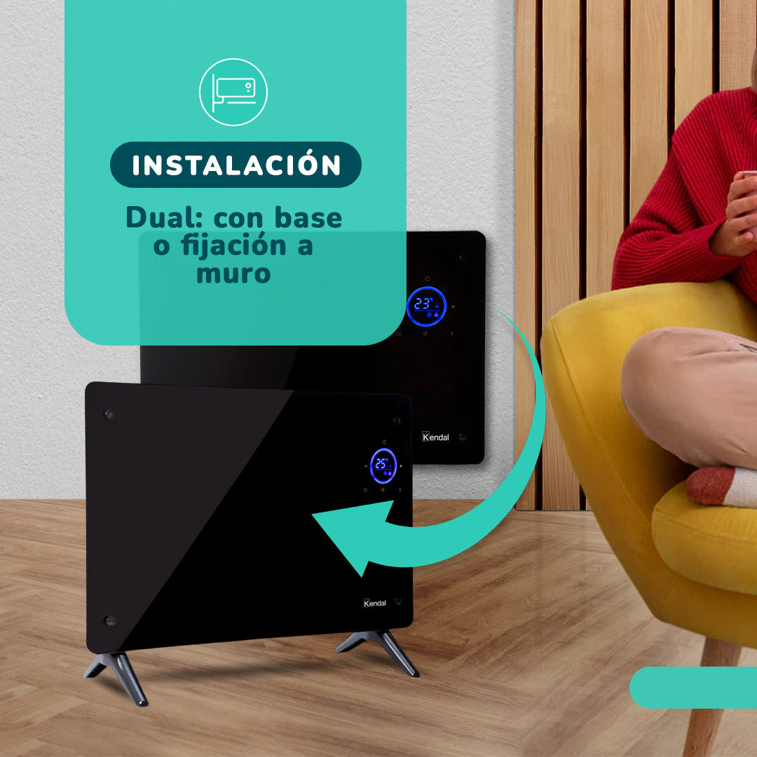 Estufa Panel Calefactor Vidrio KENDAL WIFI Potencia 1500w Cobertura 18m2 Instalación Piso/Muro
