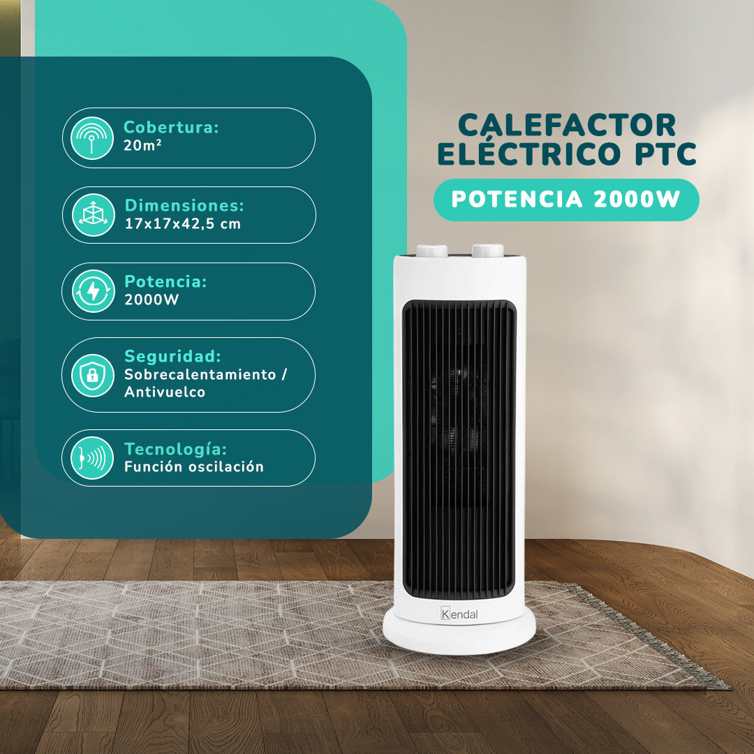 Calefactor Eléctrico PTC KENDAL Potencia 2000w Cobertura 20 m2