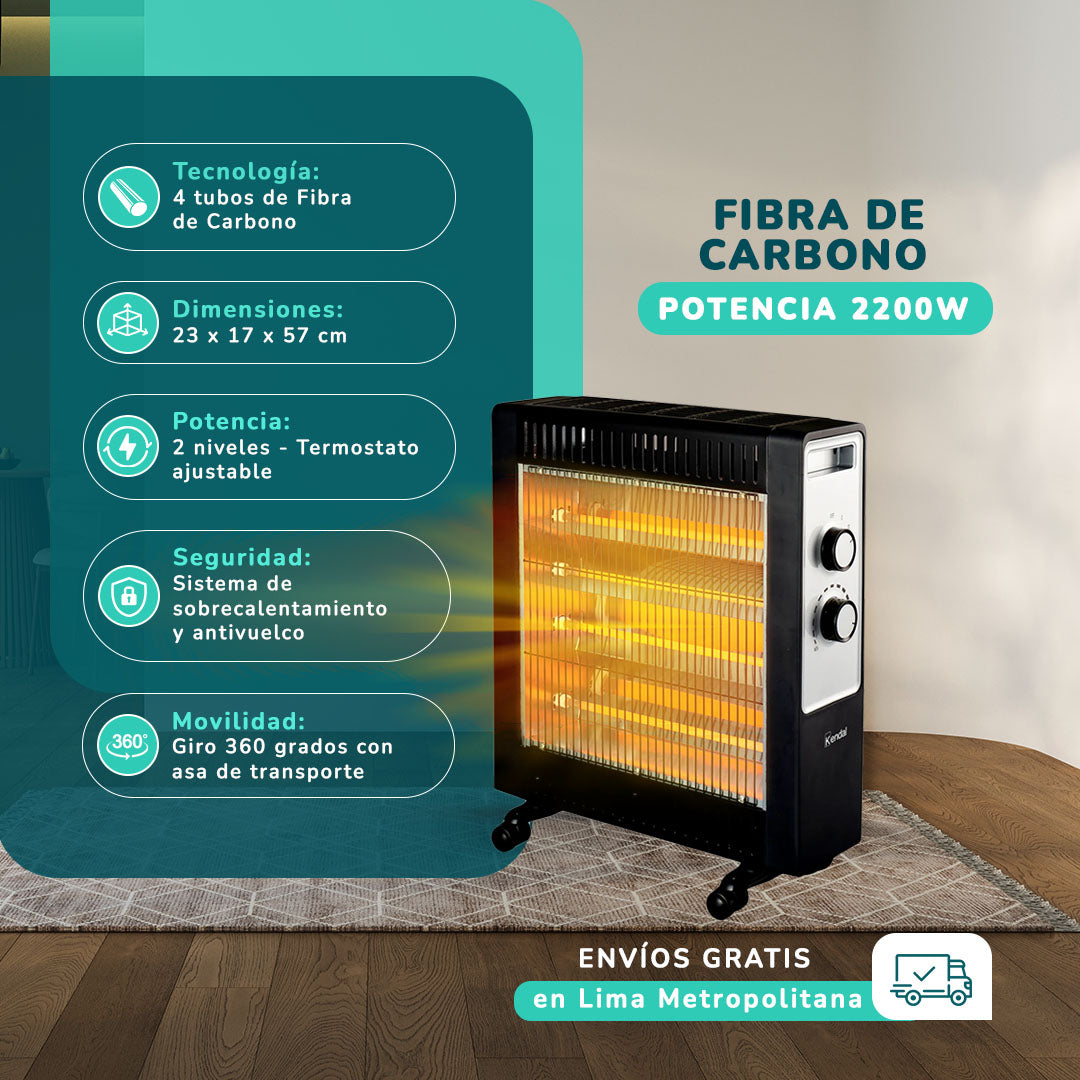 Estufa Eléctrica Fibra de Carbono KENDAL 4 tubos Potencia 2200W Cobertura 20m2