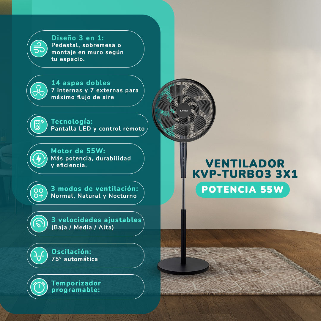 Ventilador Kendal KVP-TURBO3 3x1 - Aspas Dobles 14 - 55W - Control Remoto y Pantalla LED