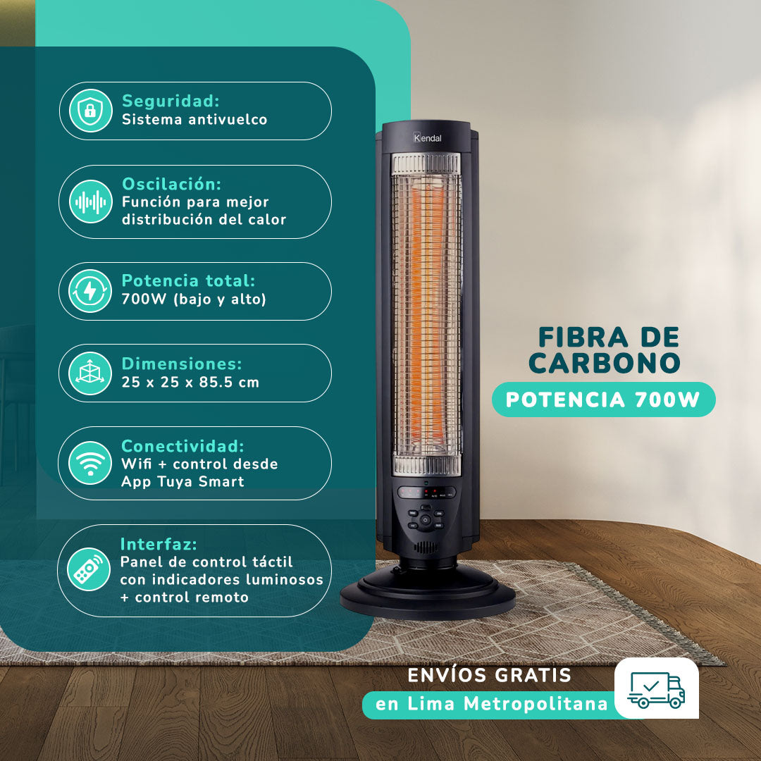 Estufa Eléctrica Fibra Carbono Kendal  WIFI Potencia 700w Cobertura 14m2