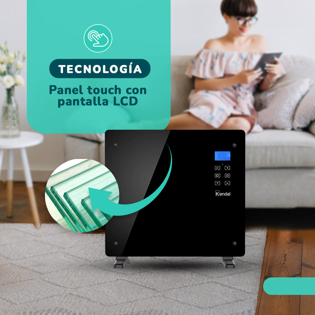 Panel Convector Eléctrico Vidrio KENDAL 1000W Control Digital Calefacción Silenciosa