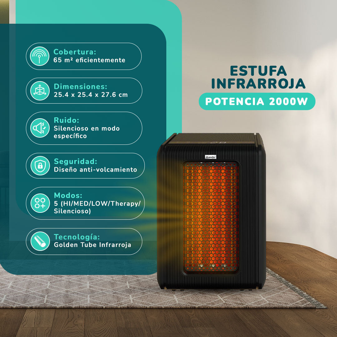 Estufa Infrarroja Kendal KEI-GOLDEN01 , 2000W, WIFI, 5 Modos de Calor, Negro – Para Ambientes hasta 65 m²