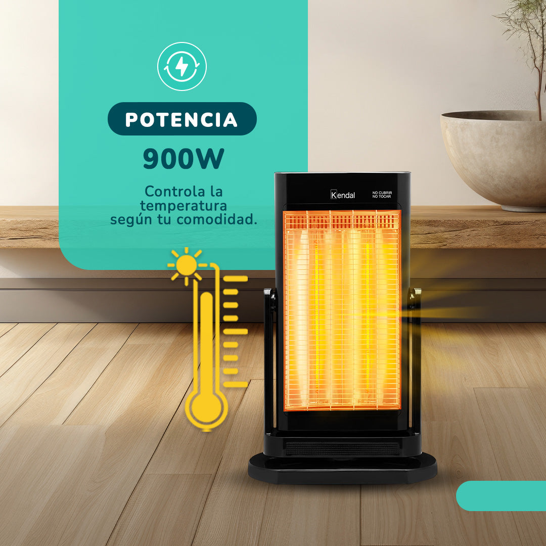 Estufa Eléctrica Fibra de Carbono Negra KENDAL Potencia 900W Calefacción Rápida Oscilante