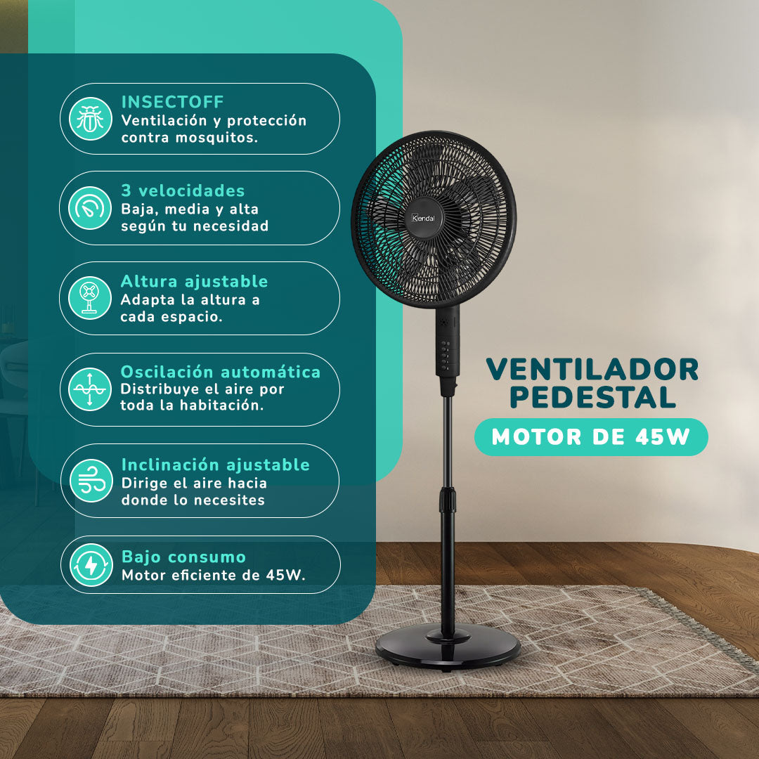 Ventilador Pedestal 16 Pulgadas Kendal KVP-INSECTOFF 45W 3 Velocidades y Repelente de Mosquitos