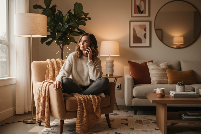 mujer en la sala de su departameto con un ambiente calido sentada en su sillon tranquila hablando por celular