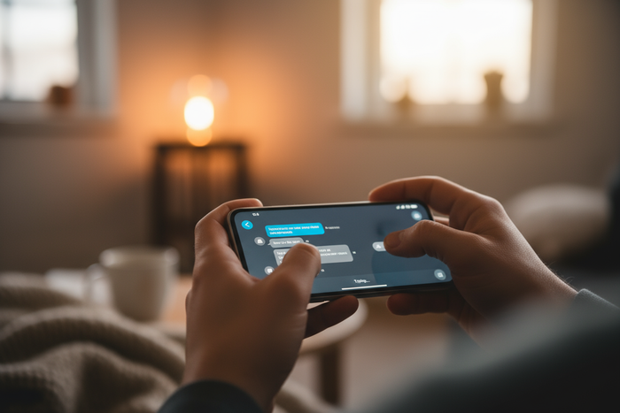 unas manos en close up con un smartphone texteando algo a otra persona con fondo de hogar difuminado